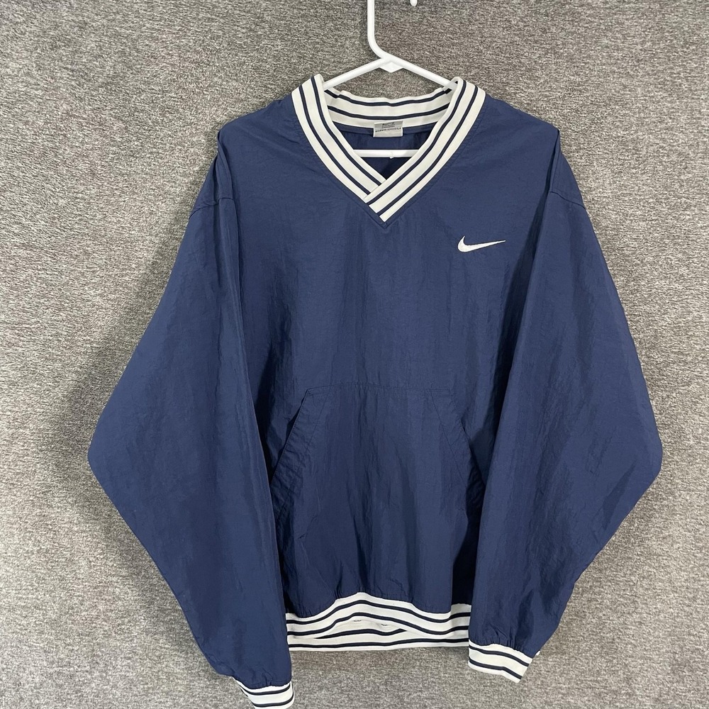 Vintage Nike Jacket Mens Medium Blue Pullover V-Neck Windbreaker Knit Trim 90s